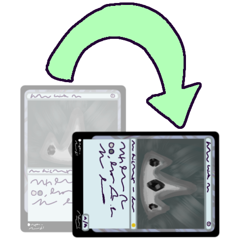 A drawing showing a nonspecific Magic the Gathering card being tapped. The card is shown semi-transparent in its upright position, and then shown turned 90° on its right side, with a green arrow denoting the movement.