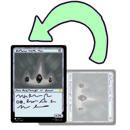 A drawing showing nonspecific Magic the Gathering card being untapped. The card is shown semi-transparent on its side, tapped, and then turned 90° so it is upright. A green arrow denotes the movement. 