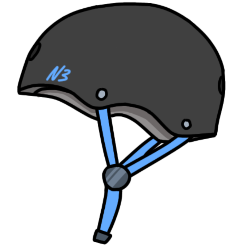 A black skateboarding helmet with blue straps and a blue logo that reads 'N3'.