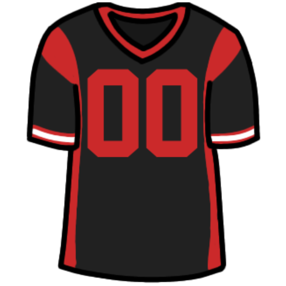  a black t-shirt style jersey with red and white accents, the number on the chest being 00.