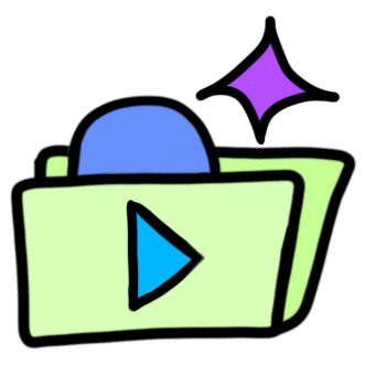 a blue circle in a green folder that's labeled with a triangular 'play' symbol and purple sparkle above it.