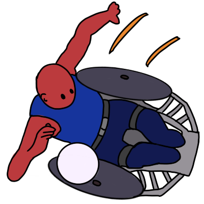 a red figure wearing blue sports clothes strapped into a specialised sports wheelchair that's tipping over. they're reaching for a round white ball which is in the air