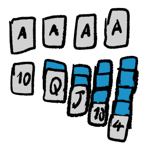 a row of four aces on top. underneath it is a setup of solitaire with five columns. the back of the cards is blue