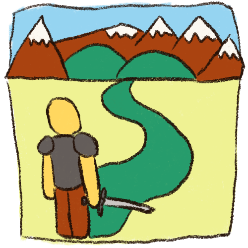 A drawing of a person wearing armour and holding a sword at the start of a path, which leads to hills and mountains in front of a blue sky