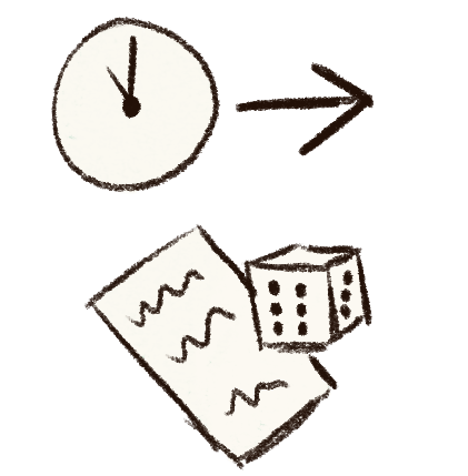 A drawing of a die next to a sheet of paper. Above them is a clock with a black arrow pointing right.