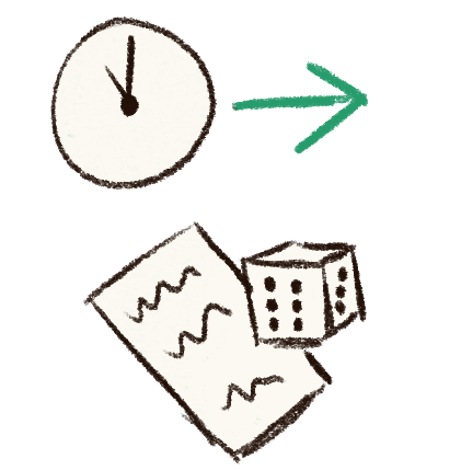 A drawing of a die next to a sheet of paper. Above them is a clock with a green arrow pointing right.