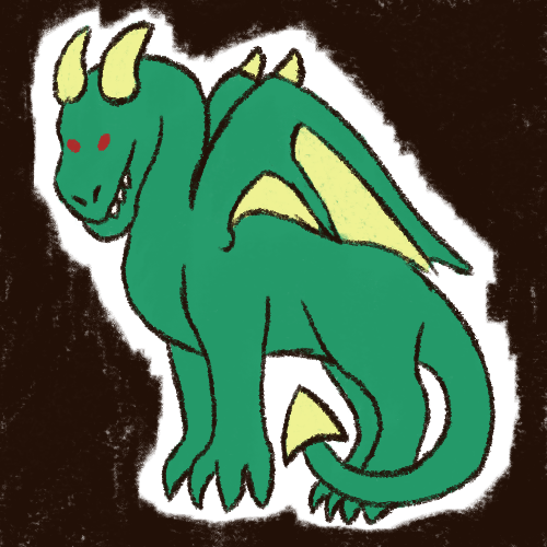 A drawing of a green dragon with wings, light green horns, and red eyes. It's surrounded by a black charcoal texture.