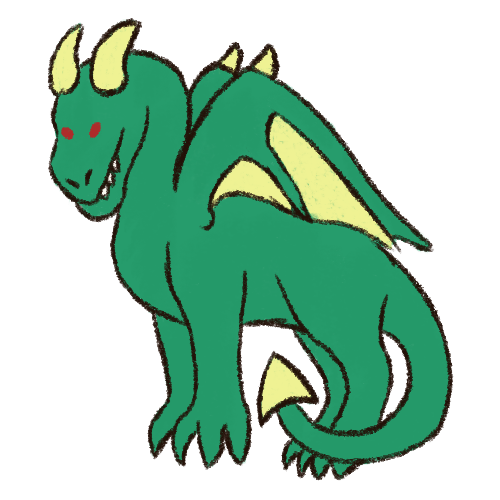 A drawing of a green dragon with wings, light green horns, and red eyes.