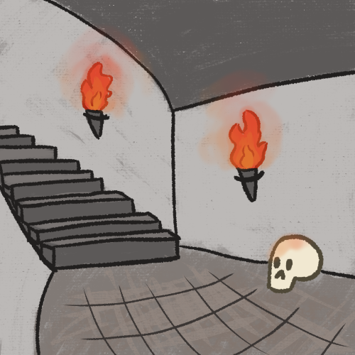 A drawing of a gray staircase descending into a gray corridor. There are two lit torches on the walls and a skull sitting on the floor.