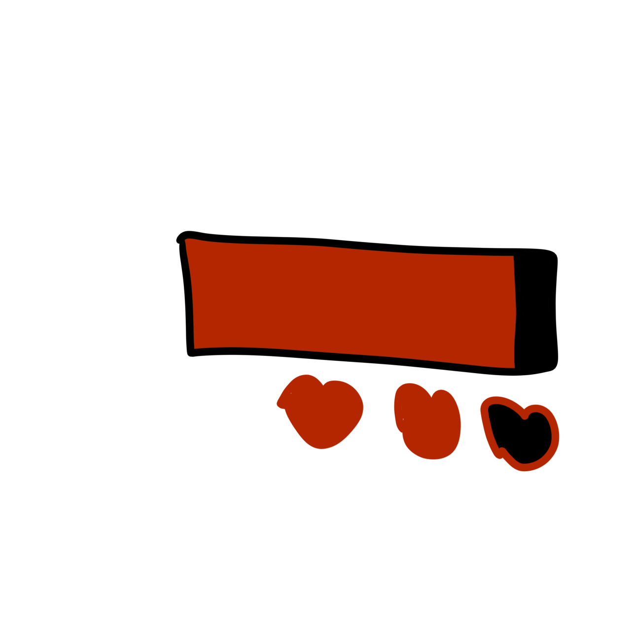 a rectangle that’s mostly filled with red. it has three hearts under it. Two of the hearts are filled in red, while one is black to show the player has lost a life. 