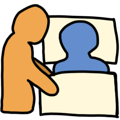 a simple yellow figure adjusting a sheet over a simple blue figure, who is in bed.