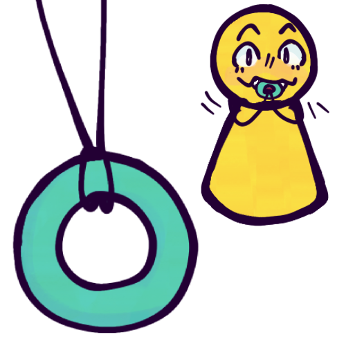 A close-up drawing of a teal silicone ring tied onto a black cord. In the top right is a smaller drawing of a very simplified yellow person wearing the ring as a necklace and chewing on it.