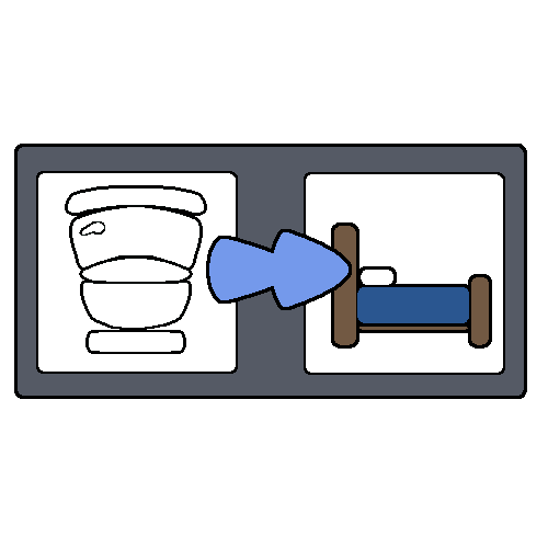 A drawing of a two squares inside a rectangle. The first has a toilet, and a blue arrow points to the next which has a bed.