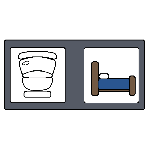 A drawing of two squares inside a rectangle, the first with a toilet, and the second with a bed.
