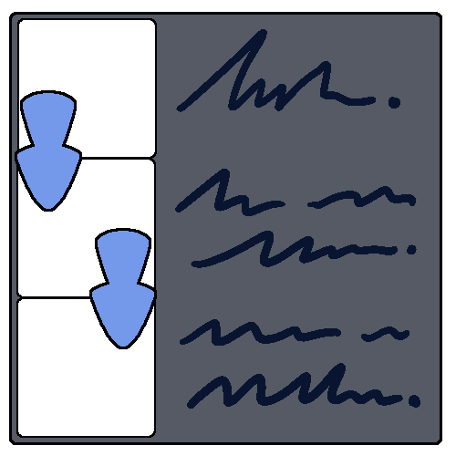 Three white squares next to scribbles that look like text inside a larger square, with blue arrows pointing from top to bottom. 
