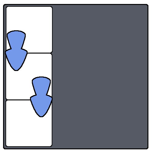 Three white squares on the far left inside a larger square, with blue arrows pointing from top to bottom.