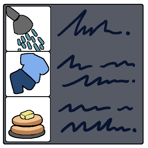 Three white squares next to scribbles that look like text inside a larger square. The first white square has a shower head, the next has a shirt and pants, and the third has pancakes.