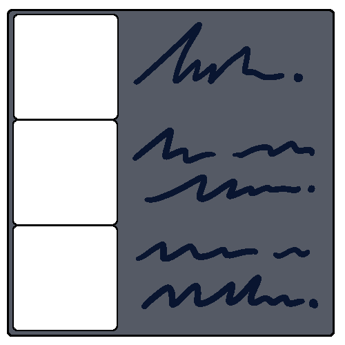 Three white squares next to scribbles that look like text inside a larger square.
