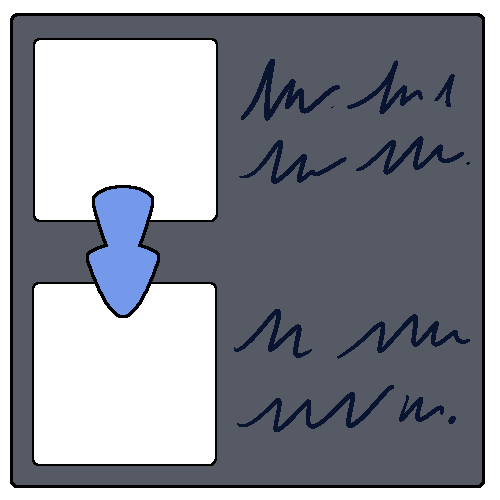 Two squares with scribbles that look like text next to them inside a gray square. A blue arrow points from the top square to the bottom one.