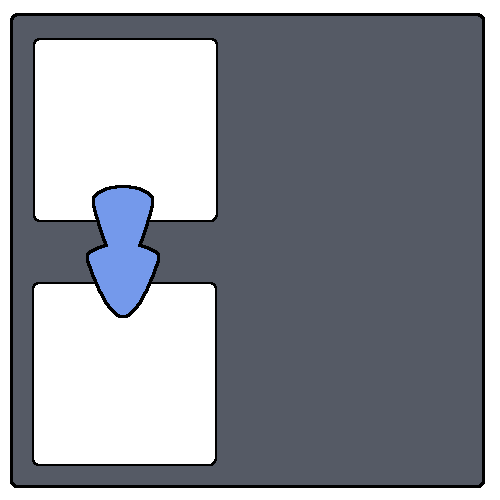 Two squares inside a gray square, on the far left side. A blue arrow points from the top square to the bottom one.