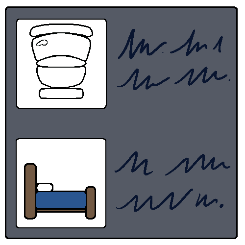 Two squares with scribbles that look like text next to them inside a gray square. The first square has a toilet, and the square under it has a bed.