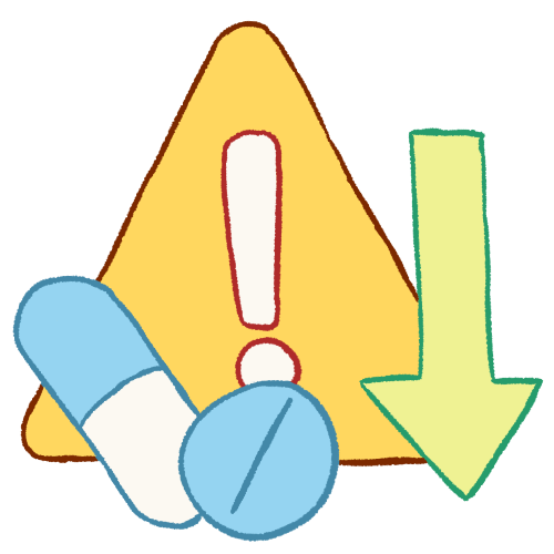 a drawing of a yellow triangle hazard sign with a white exclamation mark on it. in front of it are two blue pills, and a green arrow pointing downwards.