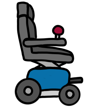 A large electric wheelchair with a blue base and red joystick.