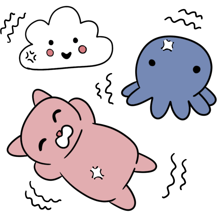 A white cloud, pink chubby cat lying on its back, and light purple octopus with cute faces. Little squiggly lines and shine marks are near each.