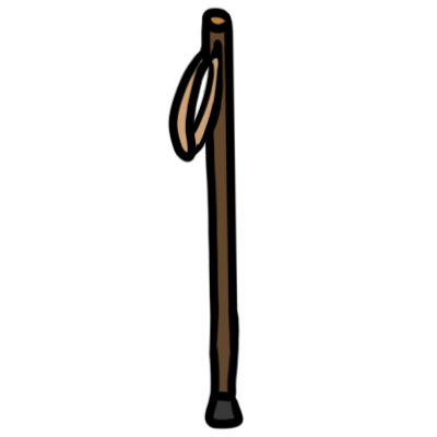 a dark brown wooden walking staff with a black rubber base and a leather wrist strap.