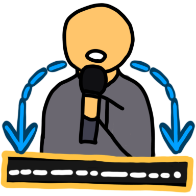 A person talking into a microphone. On either side of them is a dotted blue arrow, leading from their mouth to a black box, outlined with yellow, that has dotted whte lines in it to represent text.
