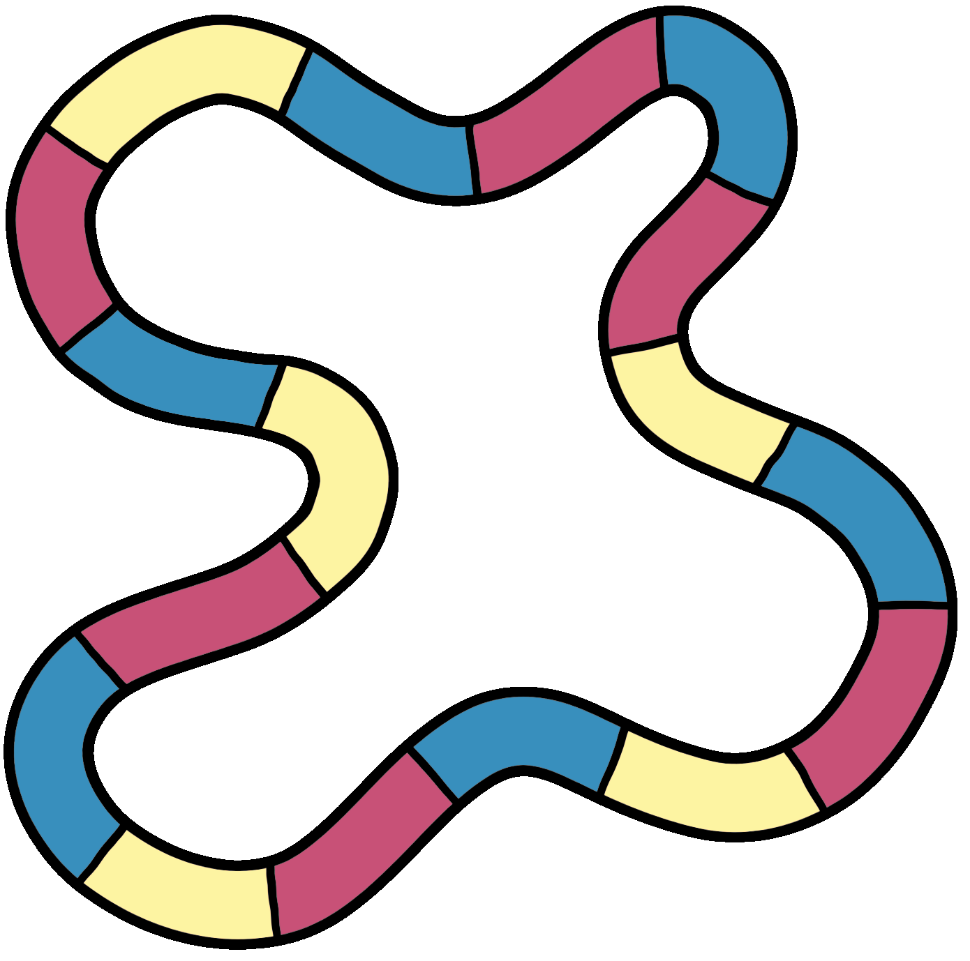 a blue, pink, and yellow tangle.
