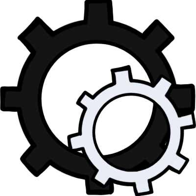  a black cog shape, with a smaller off-white cog shape in front of it