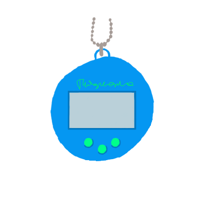  a blue tamagotchi with text and buttons in a light green and a blank screen