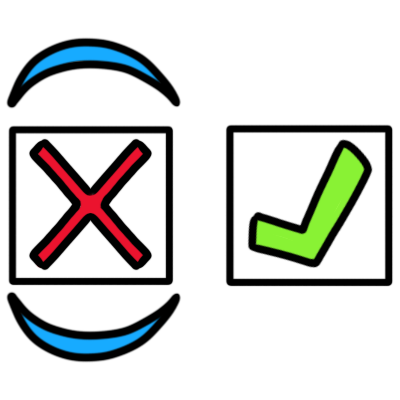  a white square with a red x and a white square with a green checkmark. above and below the square with the red x is a blue arc, like it’s been selected or tapped on a screen 