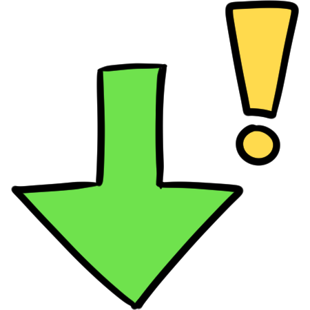 a green down arrow with a yellow exclamation mark.