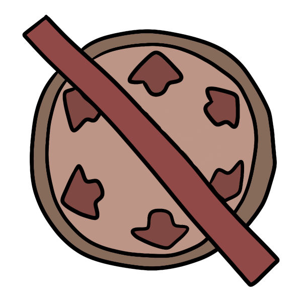 a brown circle with six small red arrows pointing out radially and a red slash through it