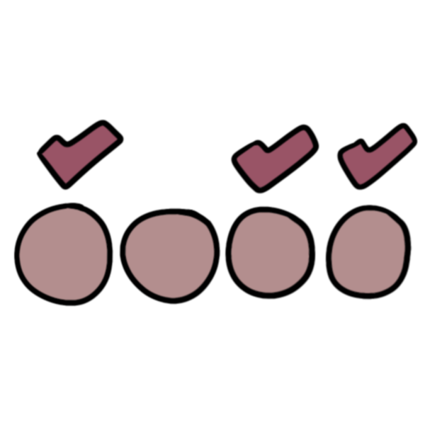 four pink circles in a row. All but the second have a dark pink check mark above them.
