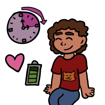 a young person with a red shirt is sat down with their eyes closed and a smile on their face. to the viewers left, from top to bottom, there is a clock with a section highlighted showing a 15 minute period, a pink heart, and a green charger-battery symbol.