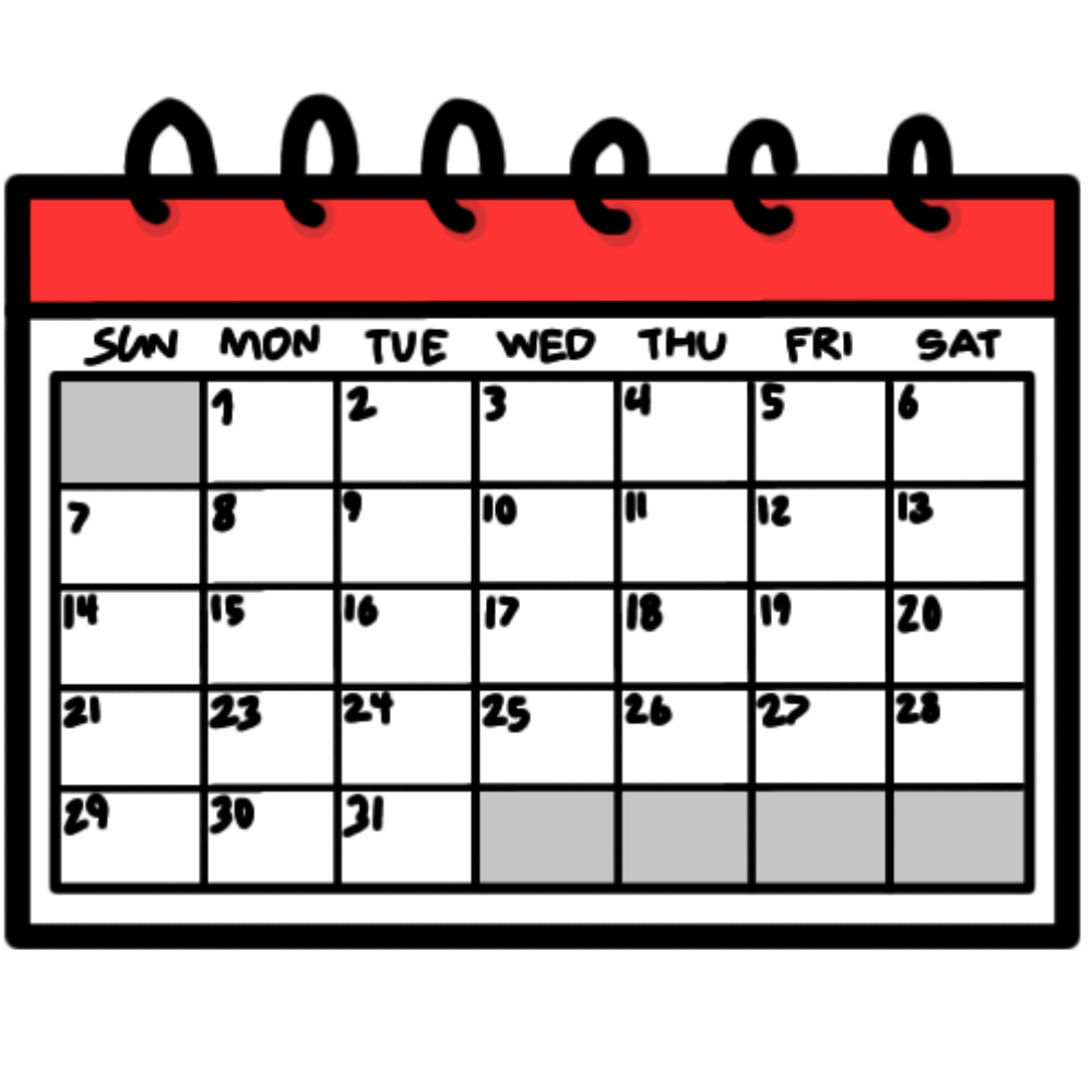 a white calendar with a horizontal red stripe at the top of it.