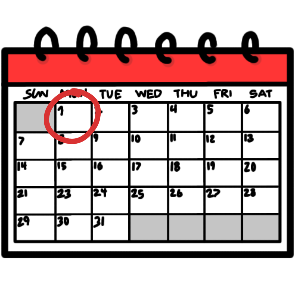 a white calendar with a red strip at the top. The first day on the calendar is circled in red.