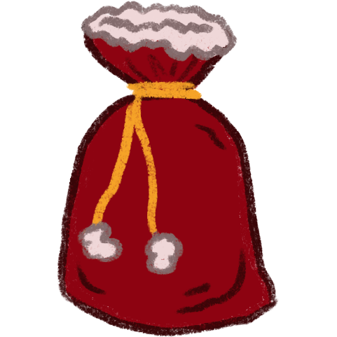 A rich red sack with white fluff around the rim. It is tied with a gold string with two pieces of fluff on the end of it.