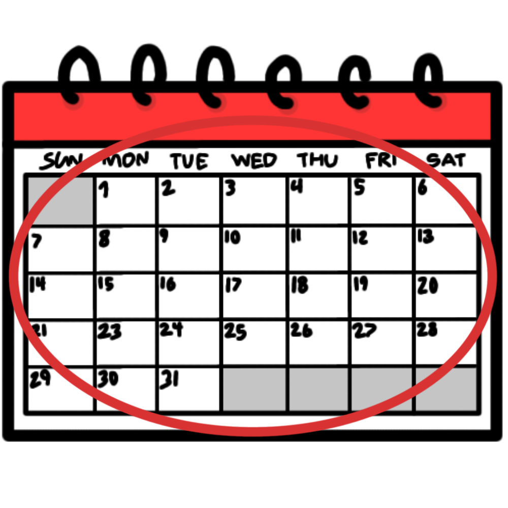 a white calendar with a red strip at the top. All the days on the calendar are surrounded by one big red circle.