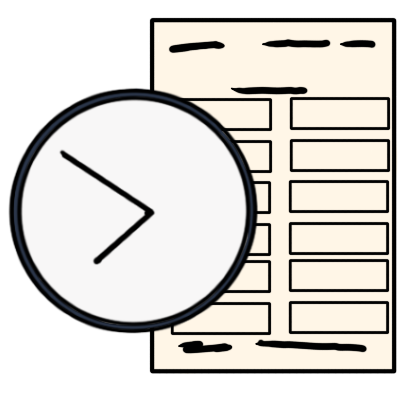 A clock in front of a piece of paper that has lines and boxes on it