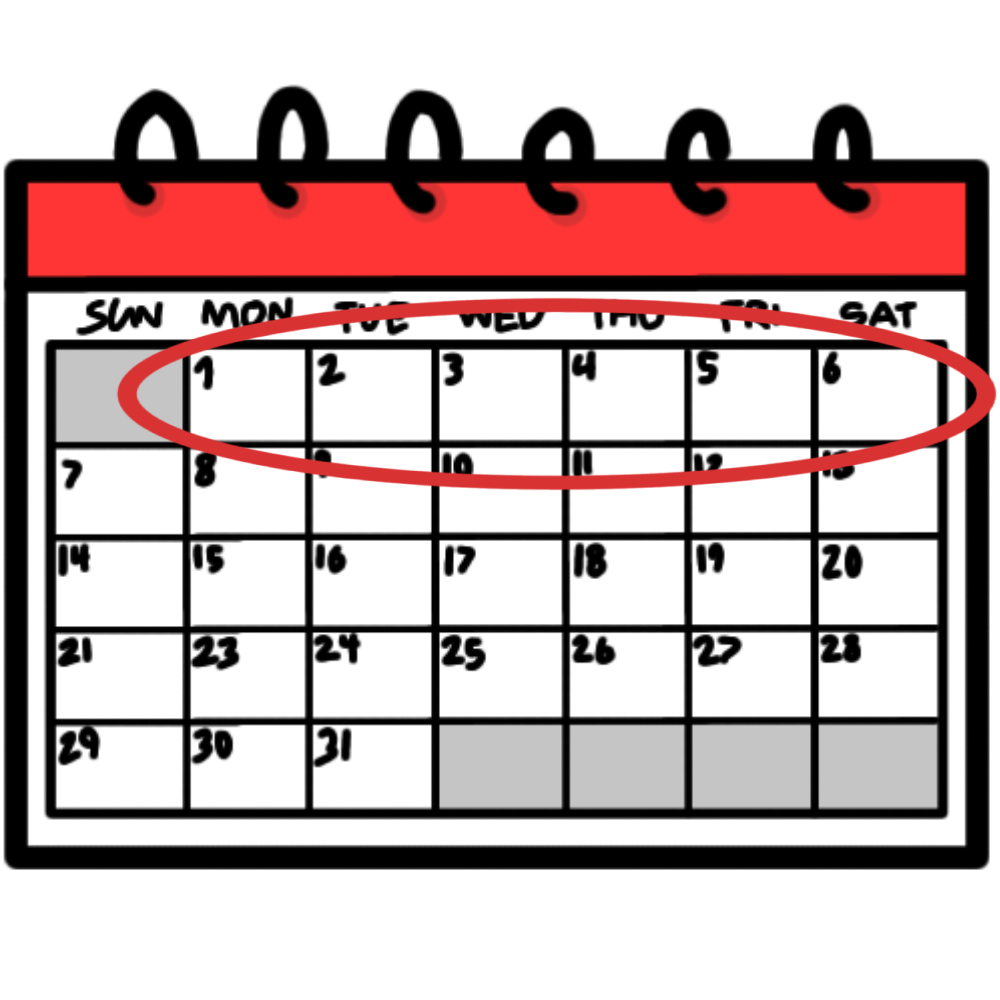 a white calendar with a red strip at the top. The first week on the calendar is circled in red.