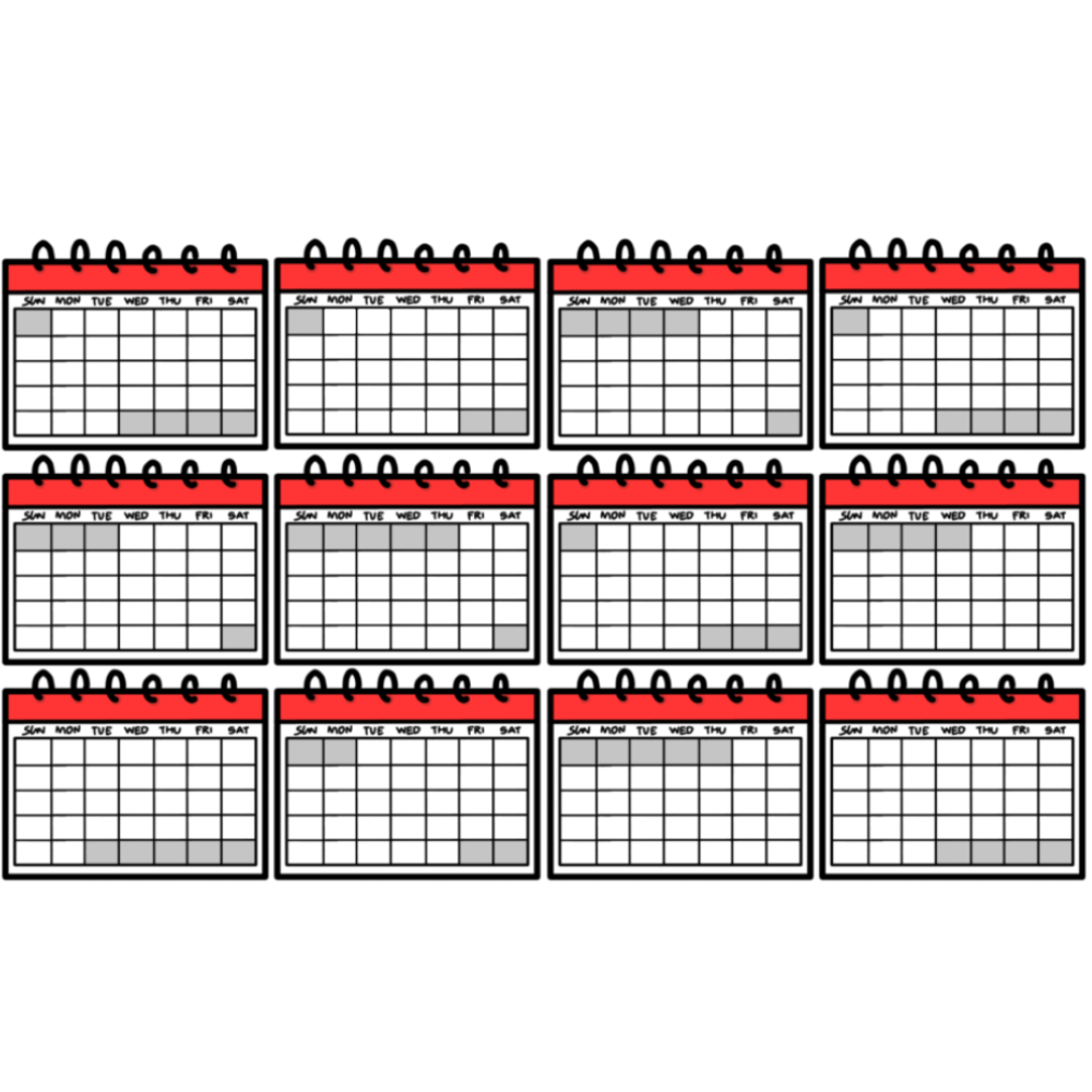  twelve identical white calenders to represent a year of time.