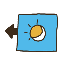 A blue box with a yellow sun and moon inside and an arrow outside pointing to the left.