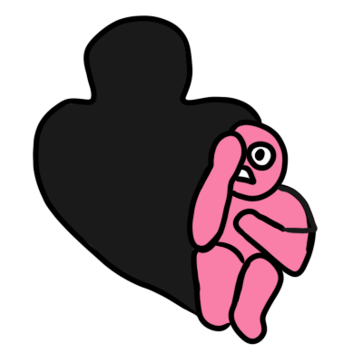 A small, pink figure curled up to protect themself, one hand covering half of their face and their visible eye wide with fear. Behind them looms a large, dark shadow shaped like a person.