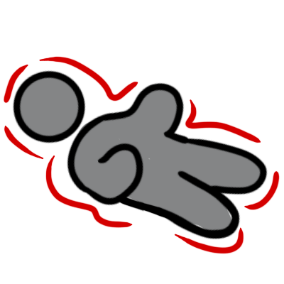 A small, grey figure lying with arms up and legs and head still, a broken red outline around them.