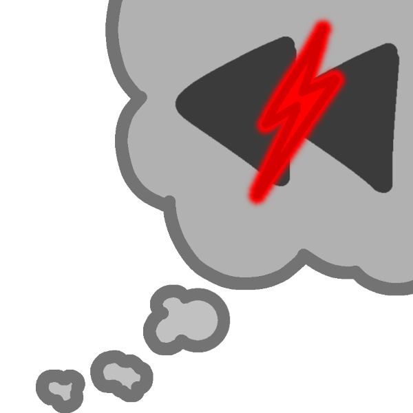 a grey thought bubble with a darker grey rewind symbol inside of it and a bright red lightning bolt over said symbol.