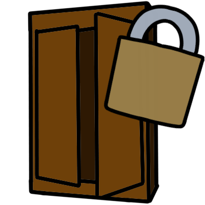 a brown wooden closet or wardrobe, partly open. there is a big closed padlock in front of it.